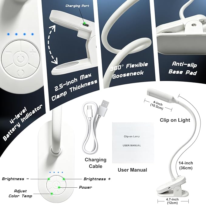 Clip on Light, Desk Lamp with Clamp for Bed, Home Office, Craft (White) | Cordless LED Reading Light with 3500mAh Rechargeable Battery, 3 Color Modes, 10 Brightness Levels, 14-inch Adjustable Neck