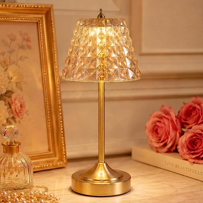 Flower Battery Operated Rechargeable Lamp Cordless, Rhombic, Amber | Small, Vintage, Gold, Wireless, LED, Dimmable, Table, Home Decor, Bedroom, Bedside, Nightstand, Birthday Gifts for Women