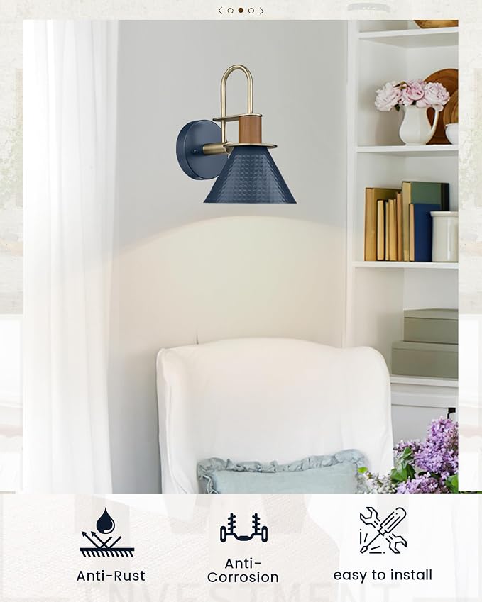 HWH Rustic Wall Sconces, Industrial Sconce Wall Lighting Indoor Wall Lamp, 1-Light Barn Vanity Light for Bathroom Bedroom Bedside, Hammered Metal Shade, Navy Blue Finish, 5HZG74B BL+BG
