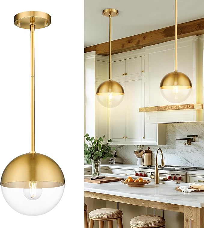 Mid Century Pendant Light Fixtures, Brushed Gold Farmhouse Pendant Light with Clear Globe Glass Shade, Adjustable Hanging Rod Ceiling Light for Dining Room Bathroom Kitchen Island, LMS-186BGC