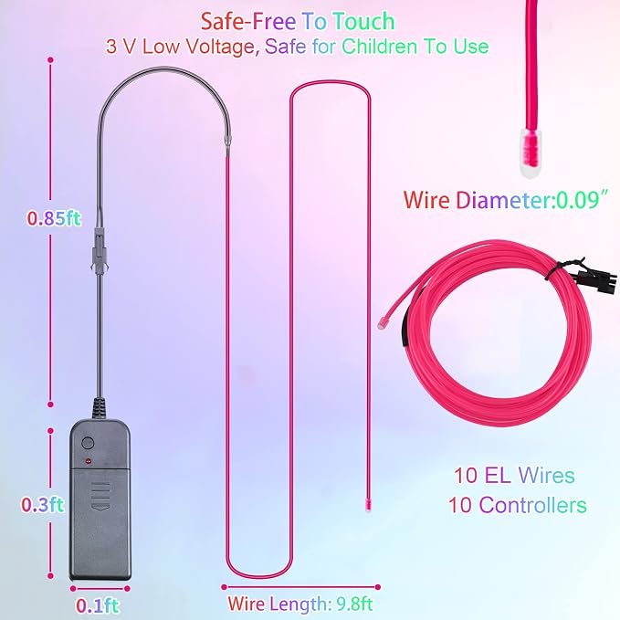EL Wire 10 Pack-9.8ft Portable Neon Rope Lights Strip-Wearable Battery Pack Body Light-360°Illumination-Super Bright-Cuttable-DIY for Halloween Christmas Festival Party Bar Cosplay Costume