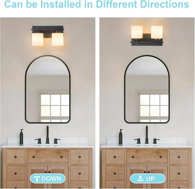 Modern Bathroom Light Fixtures Over Mirror, Vanity Lights for Bathroom Wall Sconces with Milky White Glass Shades, E26 Socket (Bulbs Not Included), 2 Light, Black