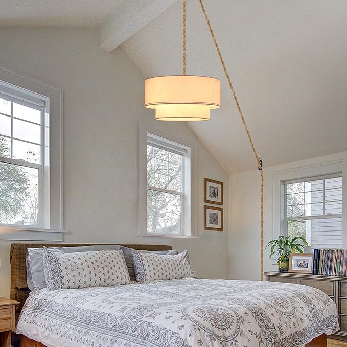 Plug in Pendant Light, 2-Tier Drum Linen Pendant Lights with 15.7FT Handmade Woven Light Cord，17.7" Plug in Chandelier for Dining Room Kitchen Island and Bedroom