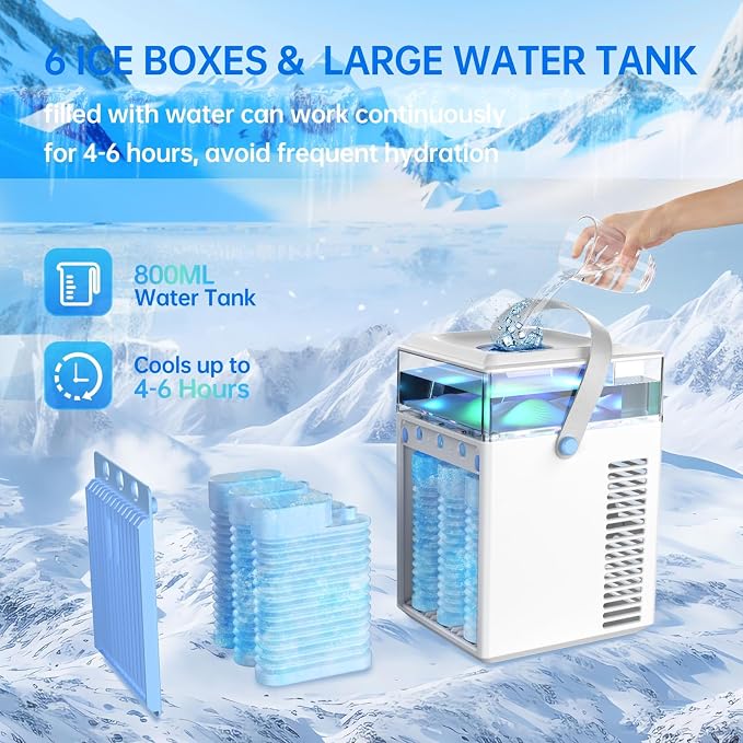 Portable Air Conditioners: 5 in 1 Mini AC Fan with 800ML Water Tank App Control Evaporative USB Powered Rechargeable Personal Cooling for Bedroom Night Light Office Desk Camping Tent Car