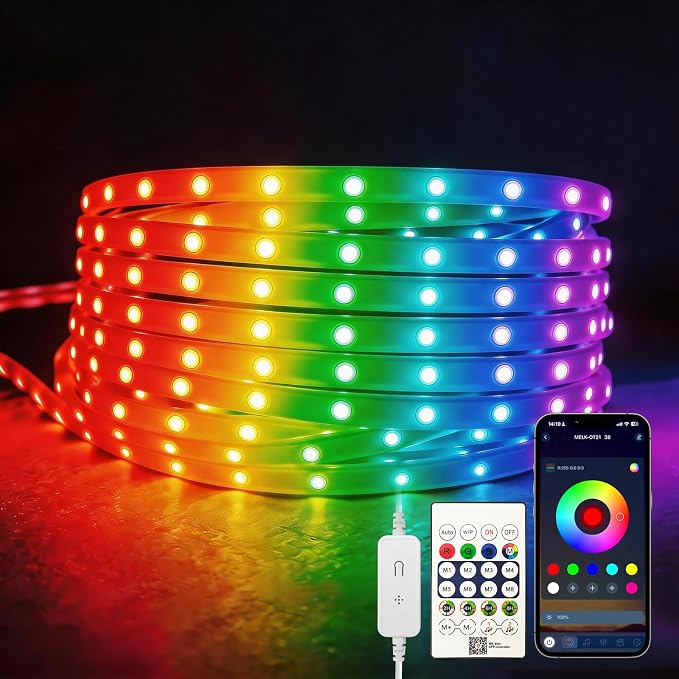 Multi-Color RGB LED Rope Lights 16.4ft 5V USB, Remote & App for Room | Self-adhesive flexible strip, 150+ dynamic effects, TV backlight & room decor, for bedroom/living room/holiday