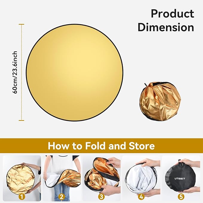 UTEBIT 24"/60cm Light Reflector with Stand, 5-in-1 Portable Round Light Diffuser Translucent/Silver/Gold/White/Black Reflector Photography for Studio or Outdoor Photo Lighting