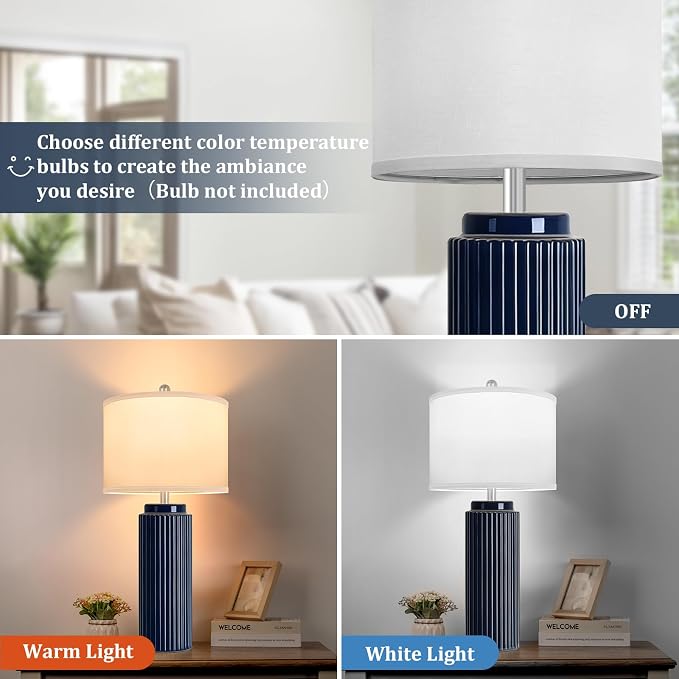 28" Dark Blue Ceramic Table Lamps Set of 2, Modern Nightstand Lamp | Bedside Table Lamps with White Linen Shade, Larger size, Farmhouse Home Decor for Living Room Bedroom Office End Table Dorm
