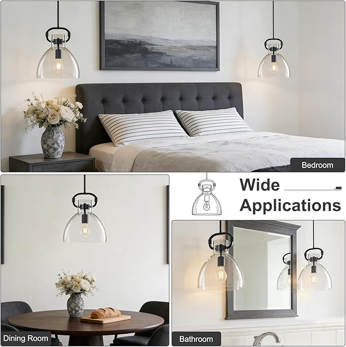 9.8'' Farmhouse Pendant Lights Kitchen Island, 1-Light Glass Modern Black Kitchen Island Lights, Pendant Light Fixtures for Dining Room Bedroom Over Table, E26