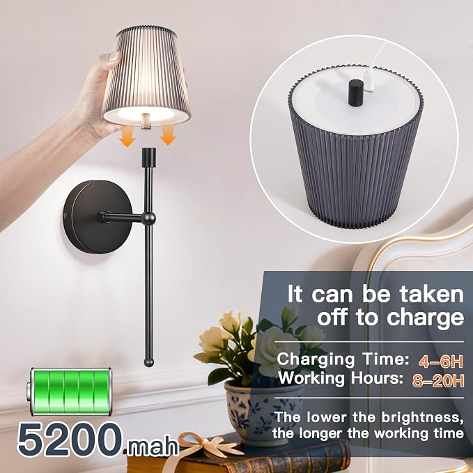 TaoFiaCo Battery Operated Wall Sconces Set of 2,Wireless Wall Sconce Black | 5200mAh Rechargeable, Remote, Timer, Dimmable, Cordless Wall Light for Bedroom Living Room, Hallway, Light Decor