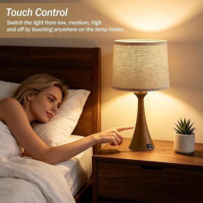 Touch Lamp for Living Room Bedroom, 21" Table Lamps Set of 2 with USB C+A Ports and Oatmeal Lamp Shades, Touch Bedside Lamps for Nightstand with 3 Way Dimmable, 2 LED Bulbs Included, Wood Grain