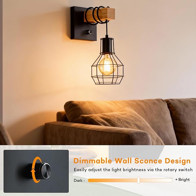 Lightess Farmhouse Wall Light with Switch Hardwired Dimmable Wall Sconce | Metal Black Cage Shade Delivers Wide Light Handy Dimmer Switch, Rustic Wall Lamp Perfect For Kitchen Living Room Indoor Decor