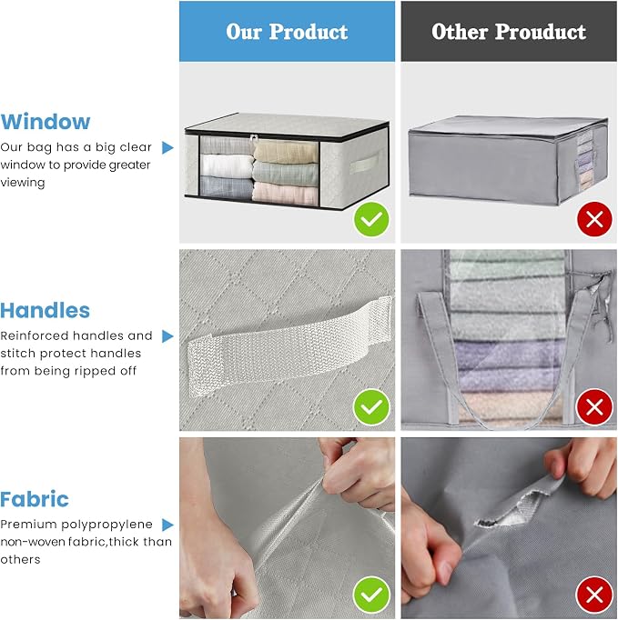 HomeHacks 4-Pack Clothes Organizer Storage Bags, 35L Storage Bins, White | Foldable Storage Box Container with Zippers, Clear Window, Reinforced Handles for Closet, Dorm, Pillows, Bedding, Sweater