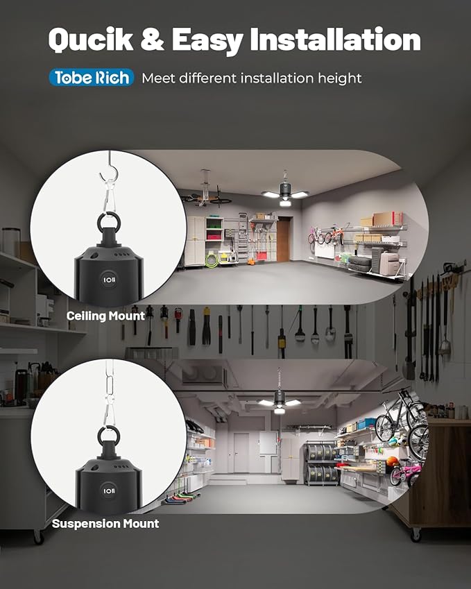 2 Pack Plug in Motion Sensor Garage Light - 8000LM Shop Light with 3 Modes, 3 Deformable LED Panels, 6500K Indoor Motion Sensor Light Bulb for Garage, Laundry Room, Basement