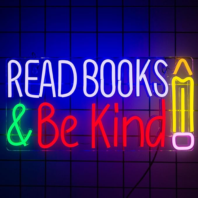 Read Books and Be Kind Neon Sign, Neon Signs for Wall Decor, Dimmable Led Signs for Bedroom, Light Up Signs for Reading Room Classroom Book Party Library Decoration Bookish Decor Gifts