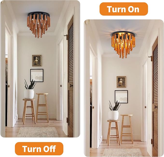 16.6" Farmhouse Ceiling Light, 5-Light Wood Chandelier, Rustic Light Fixture with Wood and Black Metal Finish, Farmhouse Semi Flush Chandelier for Bedroom, Hallway, Entryway, Kitchen