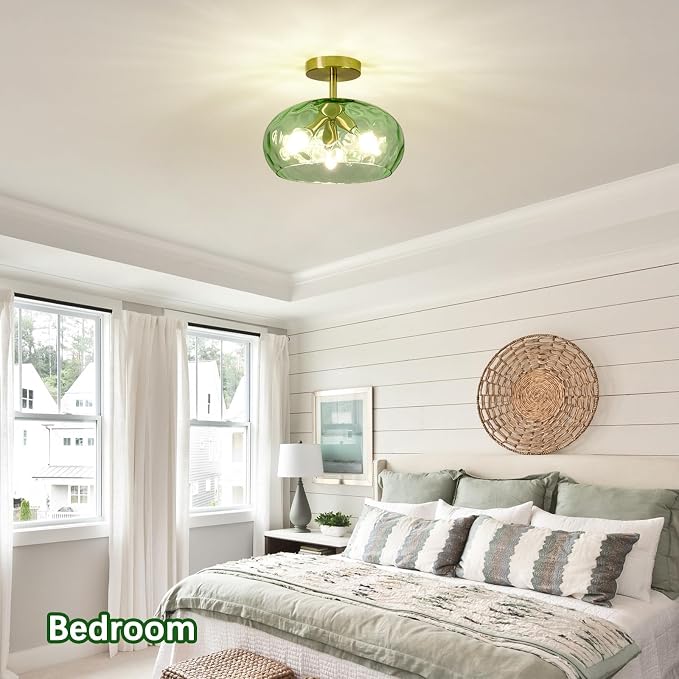 Vintage Semi Flush Mount Ceiling Light ,12″ Art Deco Green Hammered Glass | Gold,Mid Century,Whimsical,MCM,Unique Cute Retro Light Fixtures for Girls Bedroom,Entryway Laundry Room Kitchen Closet Foyer