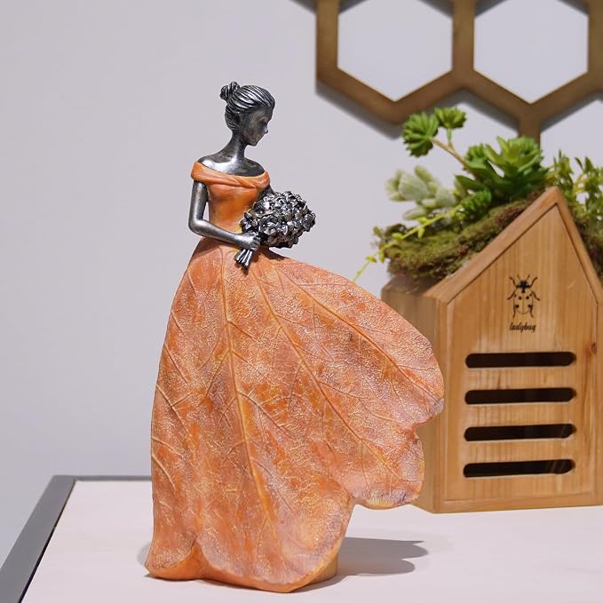 Guichifun Fairy Statue Orange Leaf Angel Girls 7.5 x 4.5 x 11.5 Inch | Resin, Fall Thanksgiving Decor, For Outside or Inside, Rustic Garden Outdoor Yard Figurines, Gift