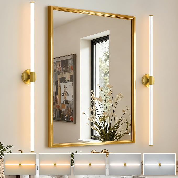 Gold Wall Sconces Set of 2 Hardwired LED Vanity Light 47" | Dimmable 5CCT LED Bathroom Light Fixtures, 360° Full Lighting, Modern Vanity Light Bar for Bathroom Mirror, Flicker-Free