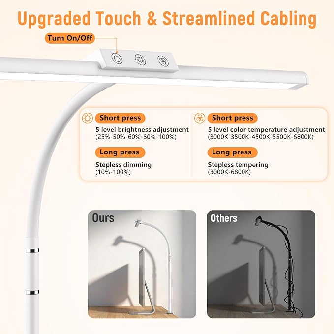LED Desk Lamp for Home Office, Flexible Gooseneck Desk Lamp with Clamp, 5 Color Touch Control Stepless Dimming Adjustable Eye-Caring Desk Light with Adapter for Reading, Study, Workbench (White)