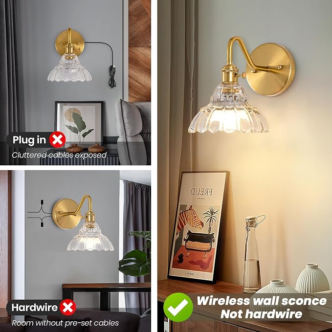 Vintage Battery Operated Wall Sconces Set Of Two, Indoor not Hardwired Brass Transparent Glass Lampshade Fixtures, Rechargeable Wireless RGB Wall Lights with Dimmable Remote, for Bedroom Living Room