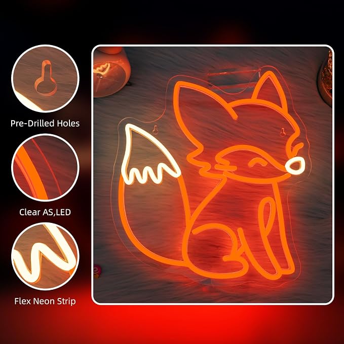 Fox Neon Sign Animal Neon Light for Classroom Bedroom Living Room Fox Wall Decor Anime LED Sign Orange Light Up Library Nursery Book Store Birthday Gifts for Teens Animal Lovers