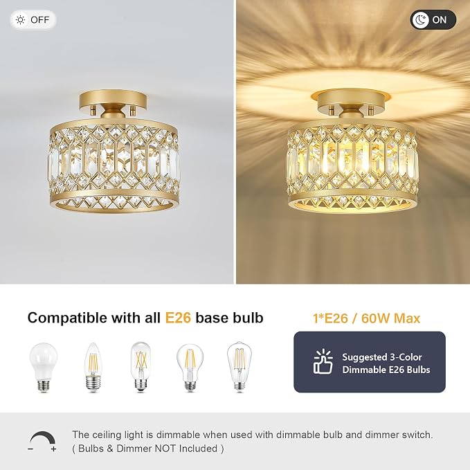 Pevfah Crystal Gold Ceiling Light, 1-Light Semi Flush Light Fixture, 9 Inch | Flush Mount Hallway Chandelier, Small Light Fixture Ceiling Mount, Modern Ceiling Lamp for Entryway Closet, Bulb Not Included