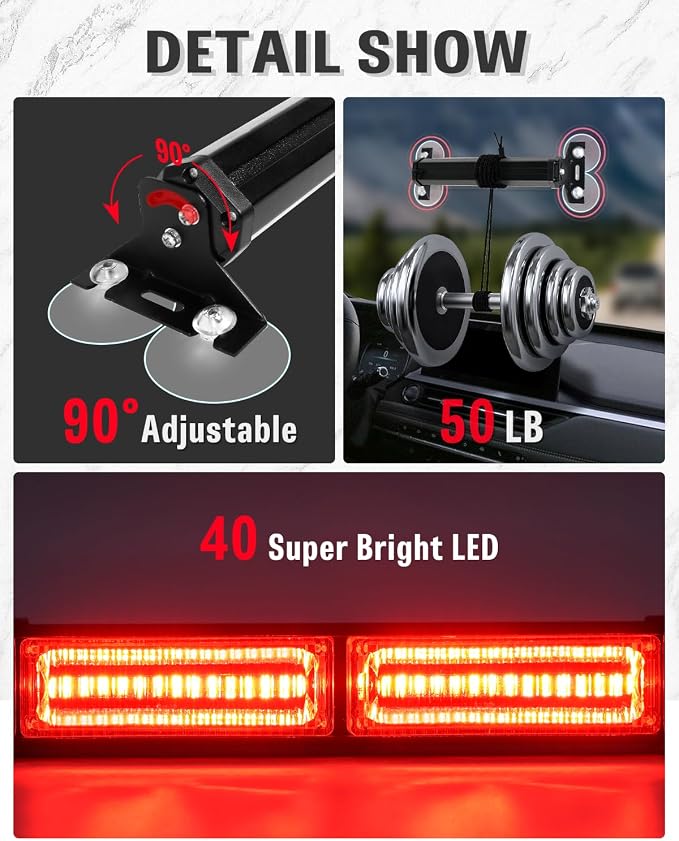 HLauto 1002L Emergency Strobe Traffic Advisor Light Bar: 40 LED Dash Safety Warning Flashing Light, Front/Rear Windshield Visor for Construction Vehicle, Tow/Plow Truck (2x10.7inch, Red)