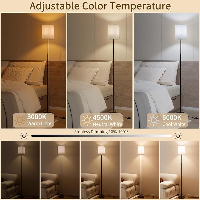 63.8" Square Floor Lamp with White Linen Shade | Dimmable Standing Lamp, Remote & Foot Switch, 3 Color Temperatures, 9W LED Bulb Included, for Living Room, Bedroom & Office