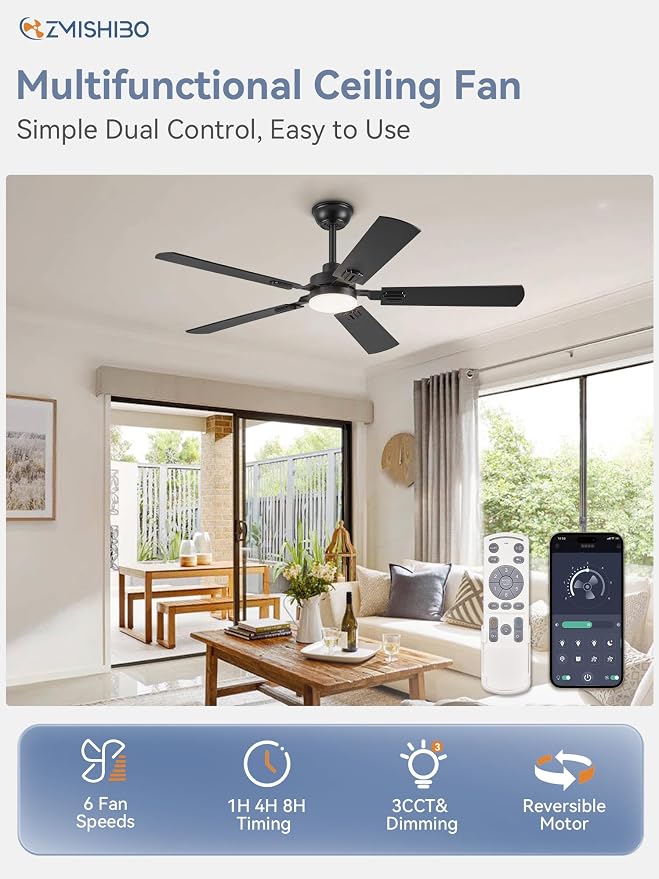 ZMISHIBO 52" Ceiling Fans with Lights and Remote, Black Modern for Indoor | 24W 2400LM Bright LED, 3CCT, Dimmable, App Control, Farmhouse Dual Finish Blades, Quiet&Strong Motor for Bedroom, Living Room