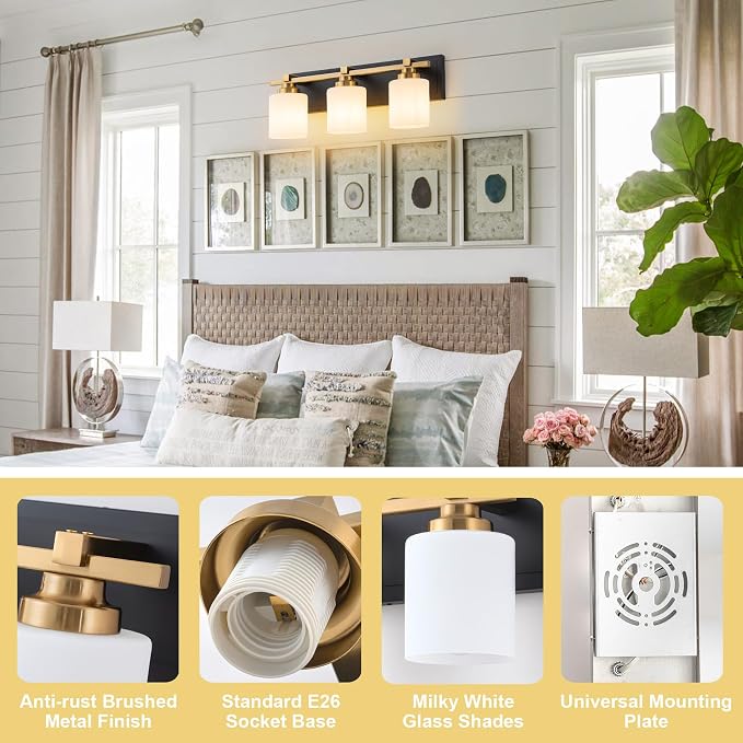 Modern Bathroom Light Fixtures Over Mirror, Vanity Lights for Bathroom Wall Sconces with Milky White Glass Shades, E26 Socket (Bulbs Not Included), 3 Light, Black Gold