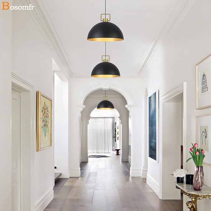 16" Farmhouse Pendant Light Fixture for Kitchen Island Black and Gold Large Dome Chandelier Light Modern Industrial Pendant Light Fixtures for Kitchen Island, Hallway, Dining Room, Bedroom