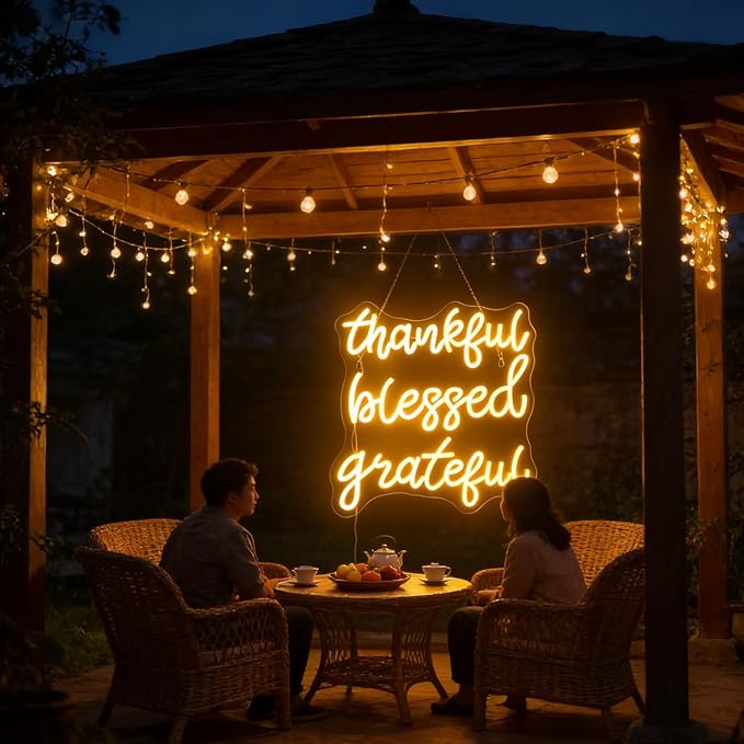 Thankful Blessed Grateful Neon Sign Led Dimmable Neon Lights for Bar Room Home Art Wall Decor Party Window Living Room Decor Christmas' Gift (Warm white)