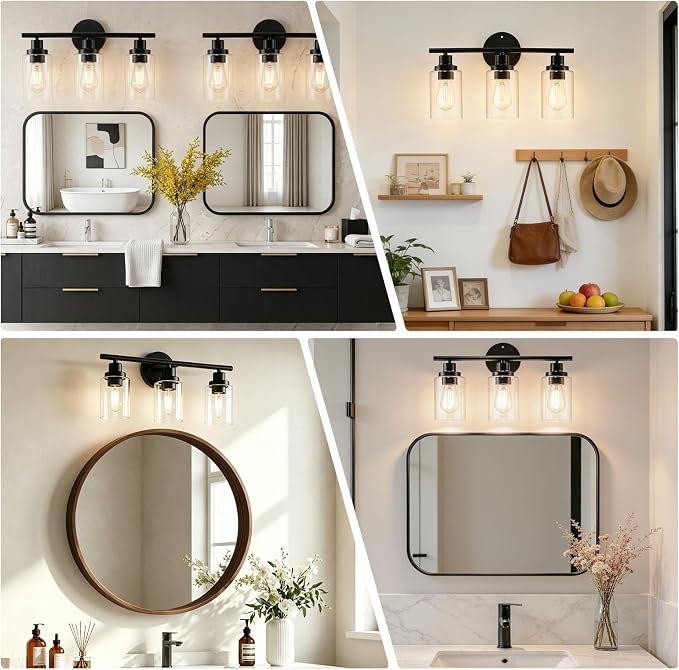 LEDVANCE Sylvania 18.23" Modern Bathroom Light Fixture with 3 Clear Glass Shades, Iron with Black Finish, E26 Medium Base, Vanity Lights for Bathrooms, Foyers, Entryways - 1 Pack (67904)