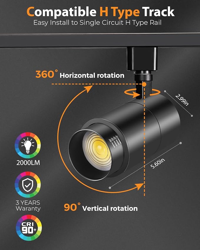 VANoopee 3-Color Zoomable 20W LED Track Lighting Heads H Type, Black 3 Pack | Track Light Heads Dimmable Bright Ceiling Spotlight Fixtures Accent Art, 3000K 4000K 5000K Adjustable, CRI90+ 15°-60°, 2000lm
