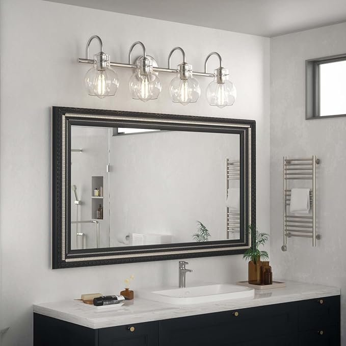 4-Light Bathroom Light Fixtures, Brushed Nickel Vanity Light, Farmhouse Wall Lights with Clear Glass Shade, Bathroom Wall Lamp for Mirror Kitchen Bedroom Hallway Living Room Hallway Cabinet