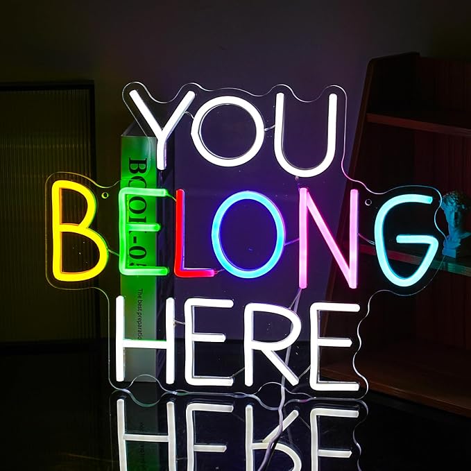 You Belong Here Neon Sign Dimmable Colourful LED Neon Light Sign for Wall Decor USB Powered Letters Neon Light for Bedroom Party Classroom Bar Neon Decor