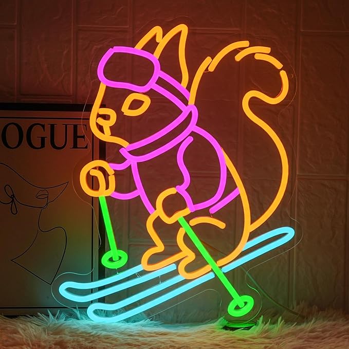 Squirrel Skiing Neon Sign Squirrel Snow Skiing Neon Lights for Kid Room Decor Animal LED Neon Signs for Skiing Shop Wall Art, Snow Skiing Club Led Wall Decor