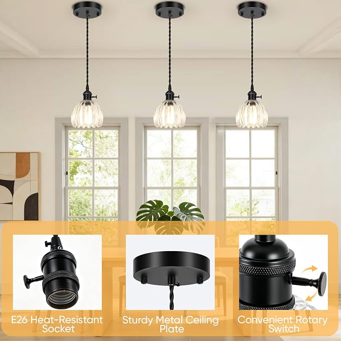 1-Pack Black Pendant Light, Modern Pendant Lights Kitchen Island with Clear Tulip Glass Shade, Mini Adjustable Hanging Light Fixtures, Kitchen Pendant Lighting for Dining Room Hallway Bedroom