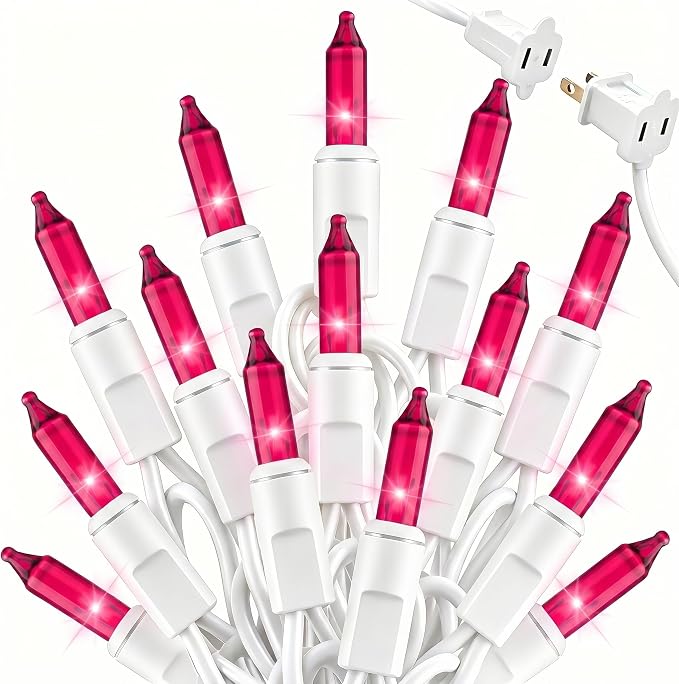 Brightown Pink Mini String Lights, 100-Count 26.5ft Incandescent Bulb Valentine's Day Fairy Lights for Indoor Holiday Decoration, Christmas Tree Garland Wedding Party Multi-Use Decor, White Wire