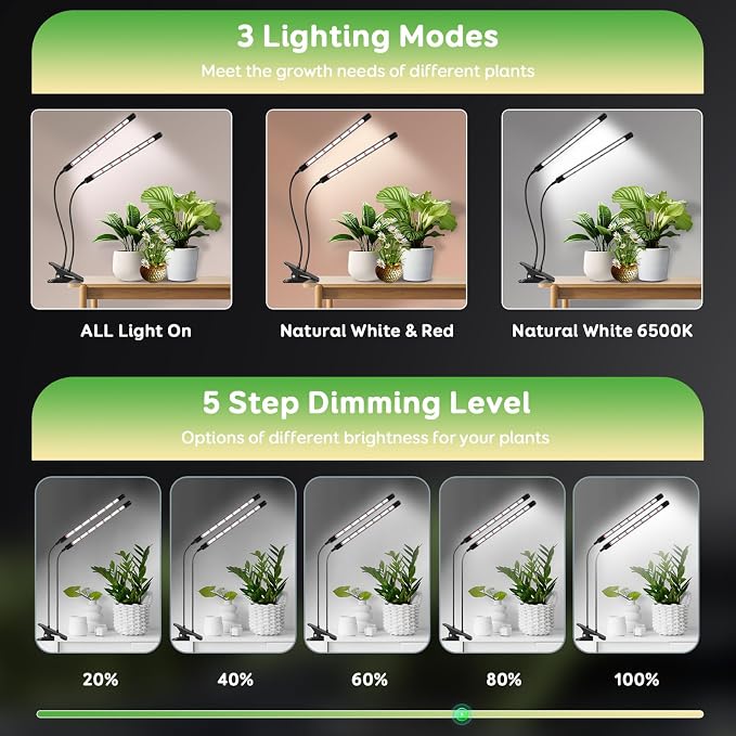SDOVUERC Full Spectrum Grow Lights for Indoor Plants, Dual-Head Plant Lamps with Clips and 5 Dimmable Level and 6/12/18H Timer for Indoor Plant Growing.