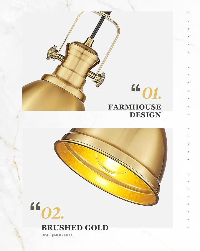 Pendant Lights Kitchen Island, Farmhouse Hanging Lights Fixtures with Metal Shade, Rustic Kitchen Pendant Lighting Over Island for Dining Room, Brushed Gold, AD-2151-1P-GD