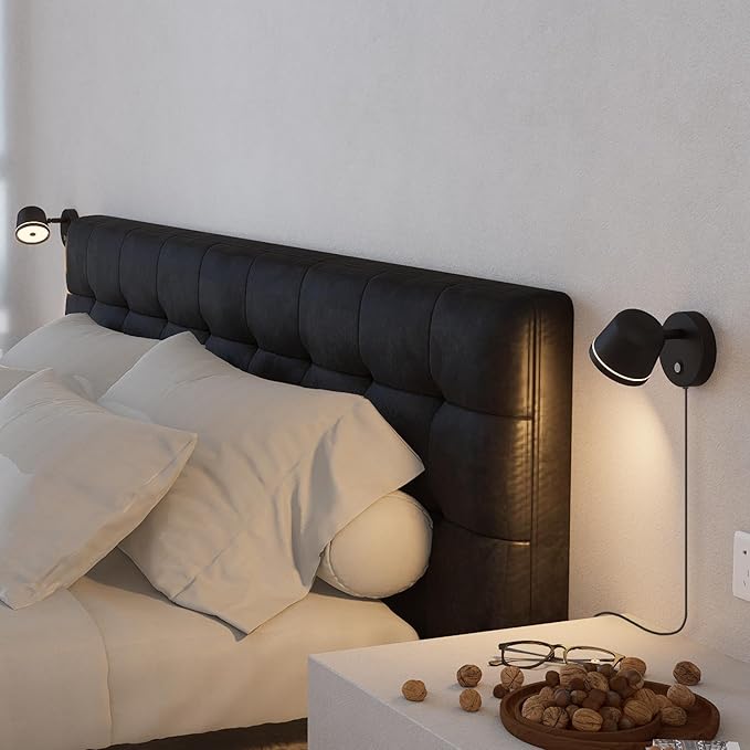 Aisilan Plug in Wall Sconce, Dimmable LED Wall Light with Switch, 7W Adjustable Anti-Glare Bedroom Sconce, Matte Black Aluminum Wall Lamp for Living Room & Bedside