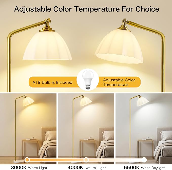 Floor Lamps for Living Room, 63" Modern Tall Standing Lamp, 3CCT | Lamps for Bedroom, Office, Reading Nook, Kids Room, Glass Lampshade, Foot Switch, Weighted Base, Easy Assembly, Home Decor