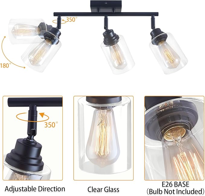 3-Light Matte Black Track Lighting Ceiling Mount for Kitchen | 350° adjustable track heads with clear glass shades, E26 ceiling mount for kitchen, bathroom and vanity lighting