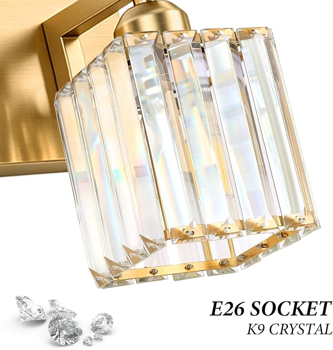 Gold Crystal Bathroom Vanity Light, 4-Light Modern Bathroom Lighting Fixtures Over Mirror,Chrome Wall Sconce Light Fixtures with Square Shade