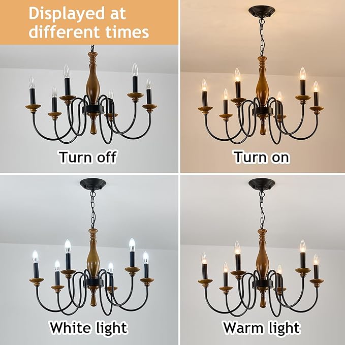 Farmhouse Wood Chandelier for Dining Room Rustic Candle Ceiling Chandelier Black Adjustable Hanging Light Fixture for Kitchen Living Room Foyer Entryway
