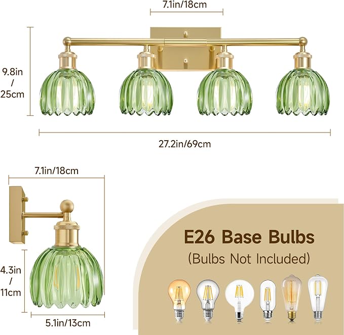 4 Light Vanity Lights for Bathroom, 27.2 in Brushed Brass Gold Bathroom Vanity Lights Over Mirror,Wall-Mounted Bath Room Lighting Fixtures with Green Tulip Glass Shade for Bedroom Living Room