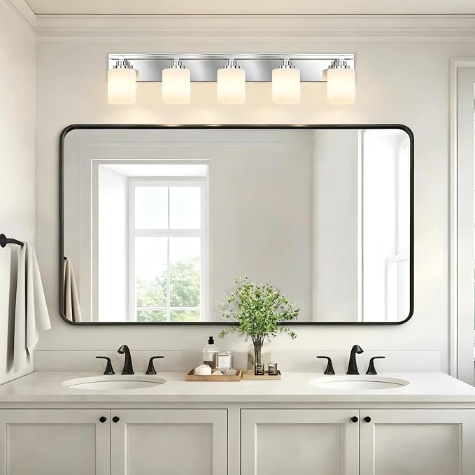 Modern Bathroom Lighting Fixtures Over Mirror, Vanity Lights for Bathroom, Wall Sconces with Milky White Glass Shades, E26 Ceramic Socket, 5-Light 35.4-inch Chrome