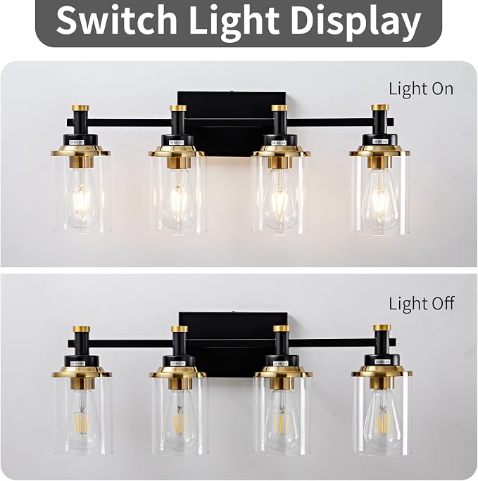 Modern Black & Gold Vanity Lights - 4 Light for Bathroom Over Mirror, Vintage Sconce with Clear Glass Shade