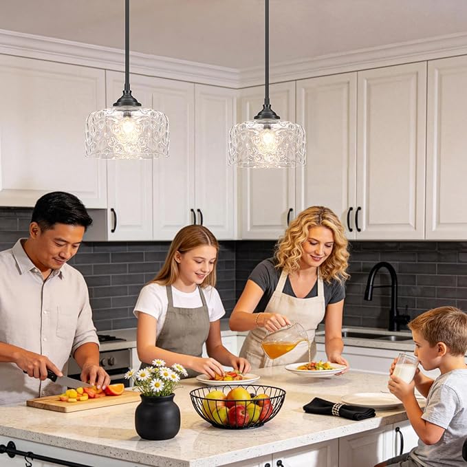 Daunton Black Pendant Light Fixtures, Pendant Lights Kitchen Island with Hammered Glass Shade for Modern Kitchen Island, Adjustable Hanging Ceiling Pendant Light for Dining Room Kitchen Sink Bathroom